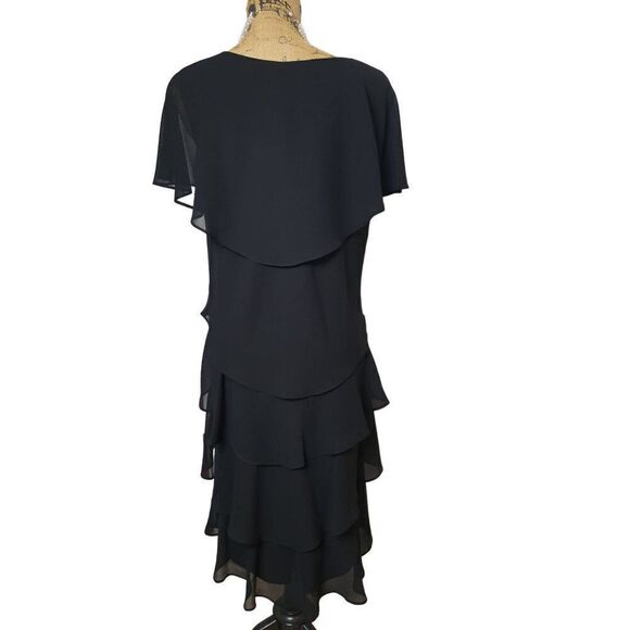 Women's Black Layered Chiffon Dress Jewel Detail Ruffle Stretch Size 16 NWT - Picture 2 of 9